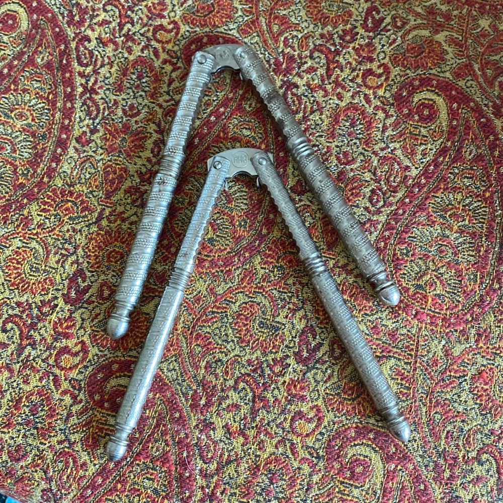 Vintage HMQ  (2) handle held silver tone metal mid-century nutcrackers